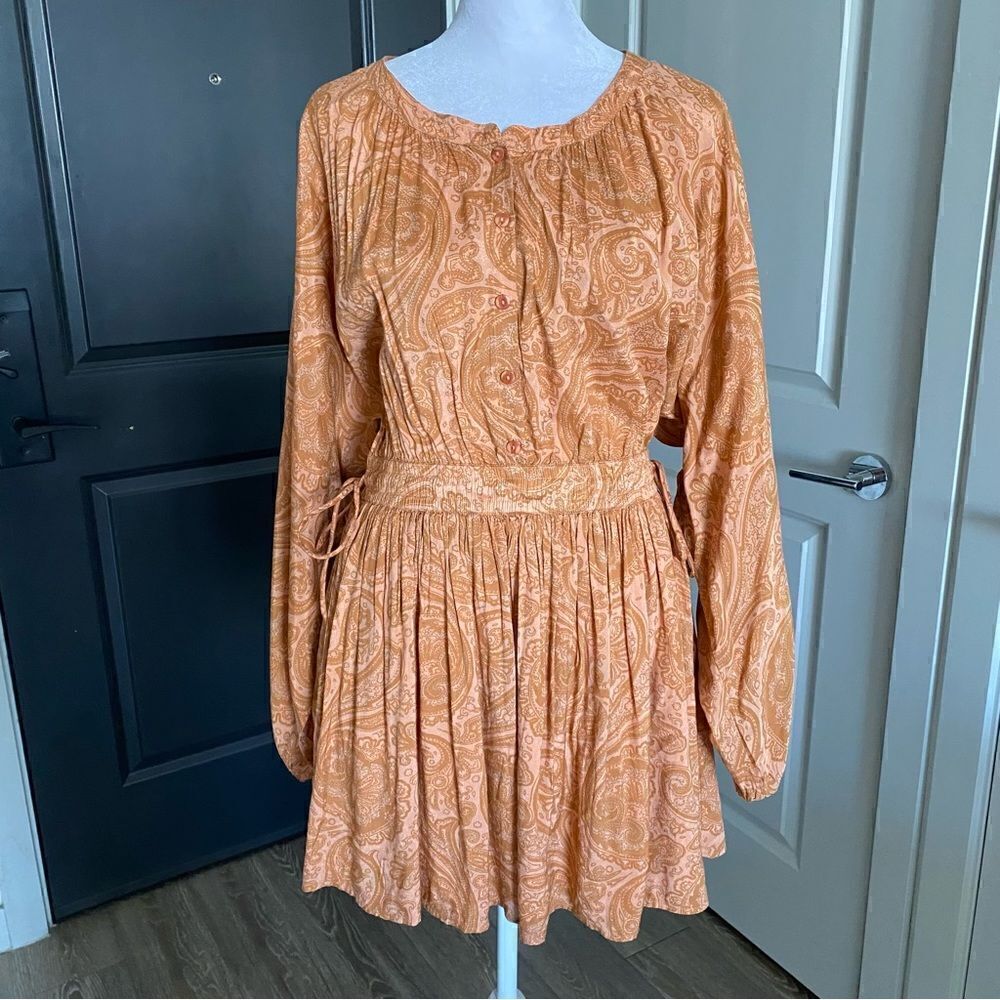 Amuse Society Orange and Tan Paisley Print Boho Long Sleeve Mini Dress Size M